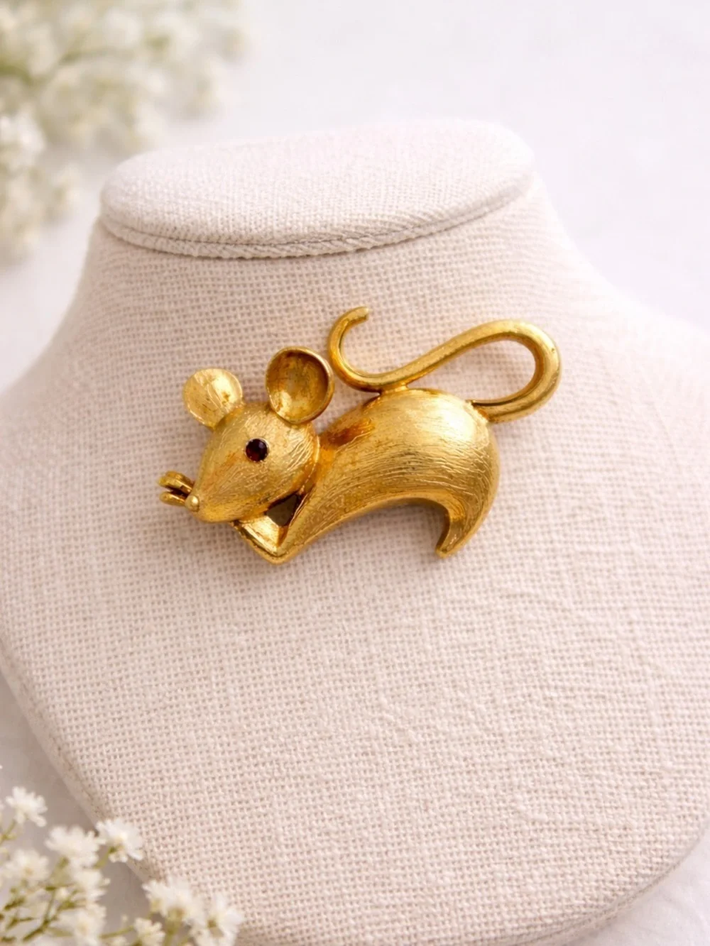 Vintage Monet Gold Tone Mouse Brooch Red Rhinestone Eye Figural Pin